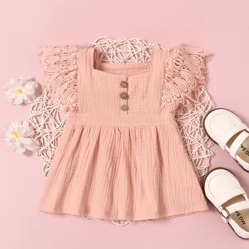 lioraitiin 0-24M Newborn Infant Baby Girls Casual Dress Solid Color Short Fly Sleeves Clothing Yellow/ Grey Blue/ Pink/ Apricot 2