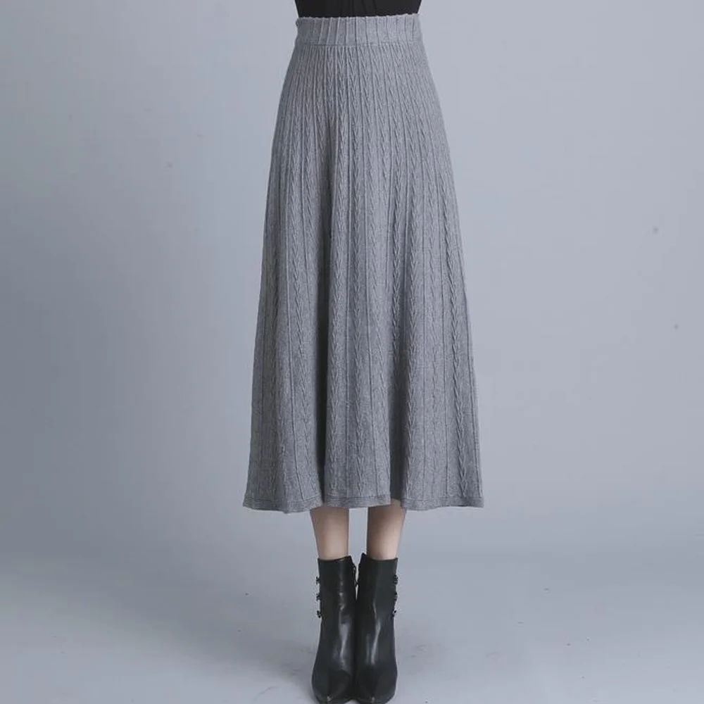 Grey Skirt Длинная серая трикотажная юбка Женская осенне-зимняя теплая стретч-трикотаж с высокой талией трикотажная плиссированная юбка Jupe Plissee Femme - Цвет: Grey Skirt