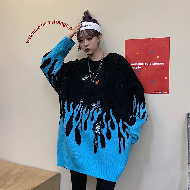 Woherb осень зима для женщин мужчин Harajuku пламя Вязание пуловер свитер бабочка аппликация патч негабаритных джемпер верхняя одежда