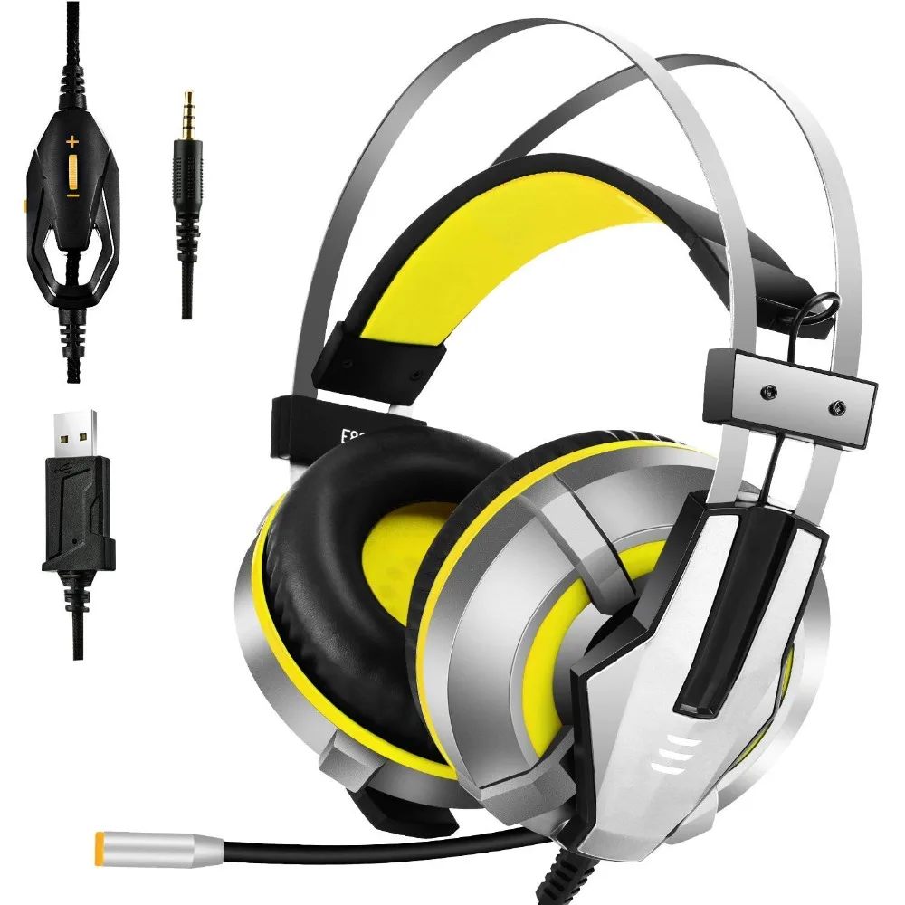 E800-Yellow EKSA Игровые наушники Проводная геймерская гарнитура Виртуальная 7,1/3,5 мм Накладные наушники с шумоподавлением микрофон для ПК/Xbox/PS4 и т. Д - Color: E800-Yellow