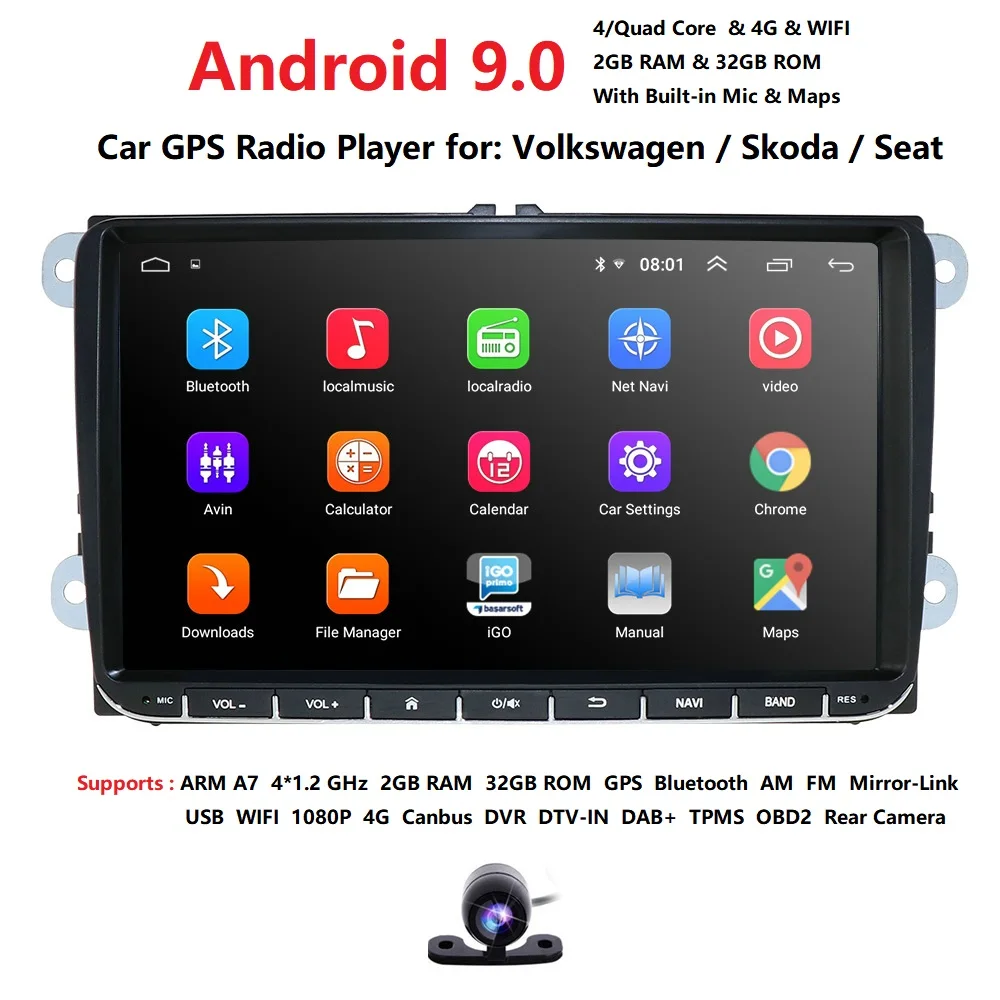 

2GB RAM 32GB ROM Android 9.0 2 DIN Car GPS PLAYER for Seat Altea Toledo VW GOLF 5/6 Polo Passat B6 CC Tiguan Touran RADIO NO DVD