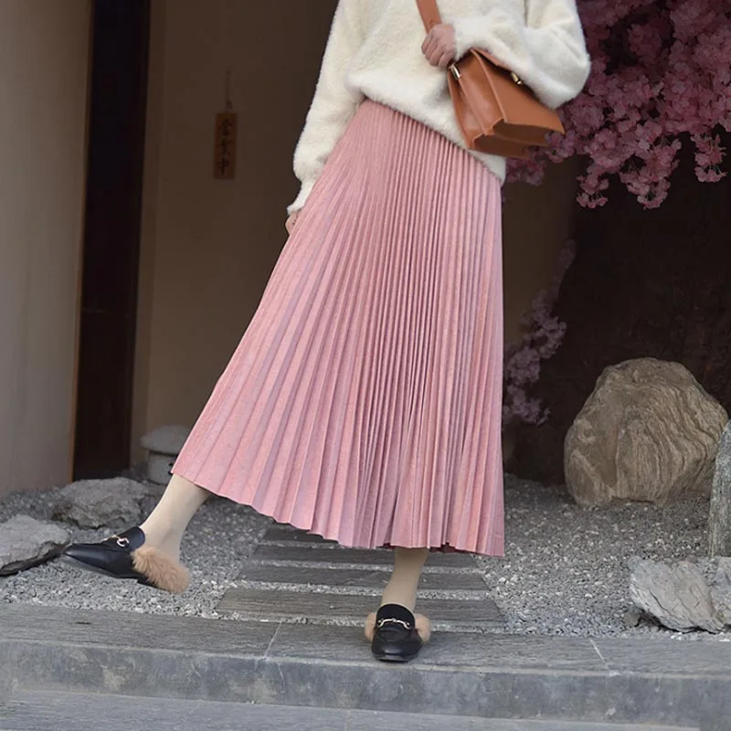 Двухслойная осенне-зимняя женская замшевая юбка, длинная Плиссированная юбка для женщин, s Saias Midi Faldas, винтажная Женская юбка - Цвет: Bean paste powder