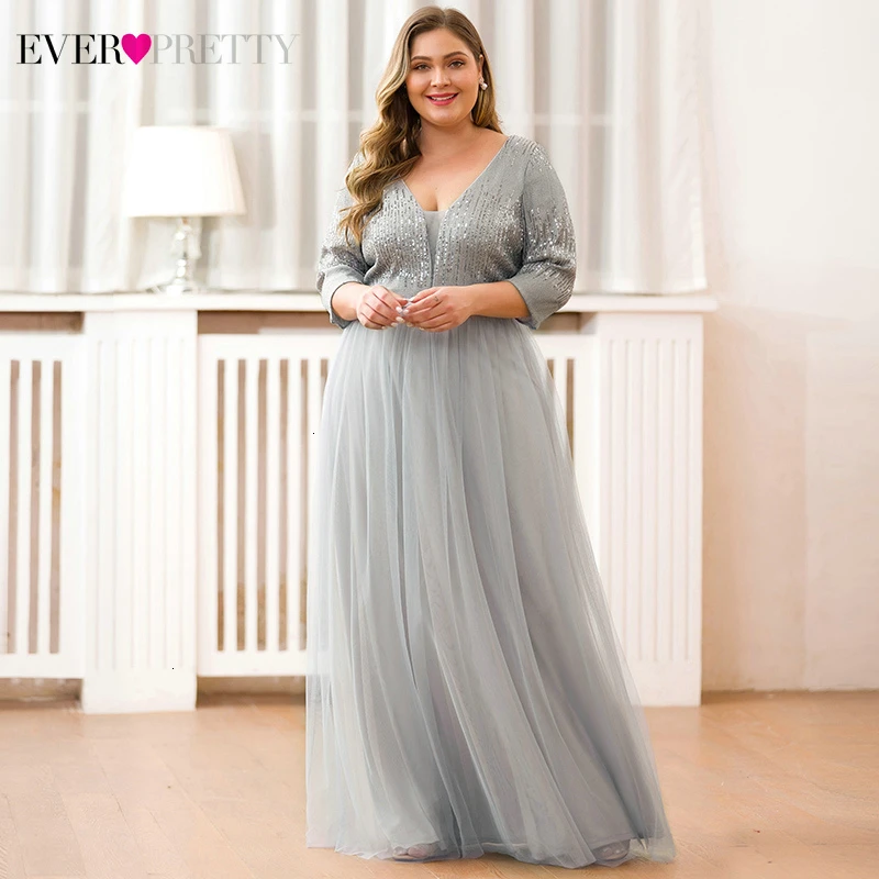 

Plus Size Evening Dresses Long Ever Pretty A-Line Deep V-Neck 3/4 Sleeve Sequined Tulle Sexy Grey Formal Party Gowns Vestido