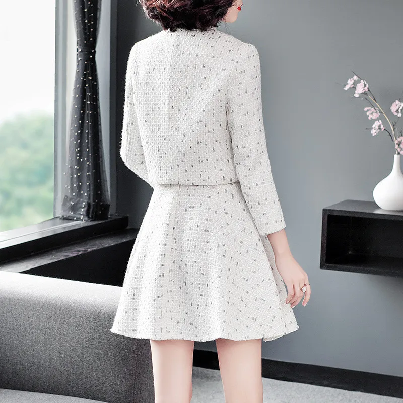 High Quality Runway Fashion Fall Winter Dress Woman Clothes New Elegant Short Tweed Woolen Jacket+Tank Dress 2piece Sets
