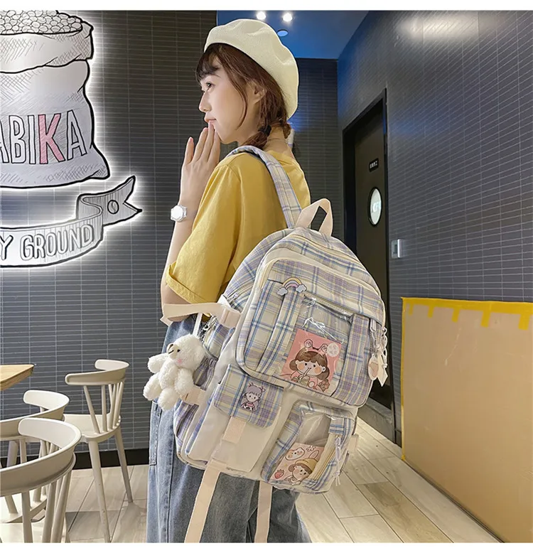 Kawaii College Style Canvas Grid Backpack - Limited Edition