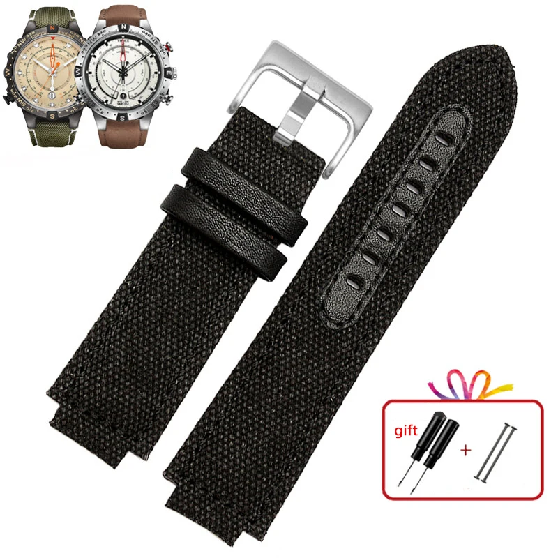 Premium Genuine Leather Watch Strap with Canvas Accents - Men's Convex Mouth Design