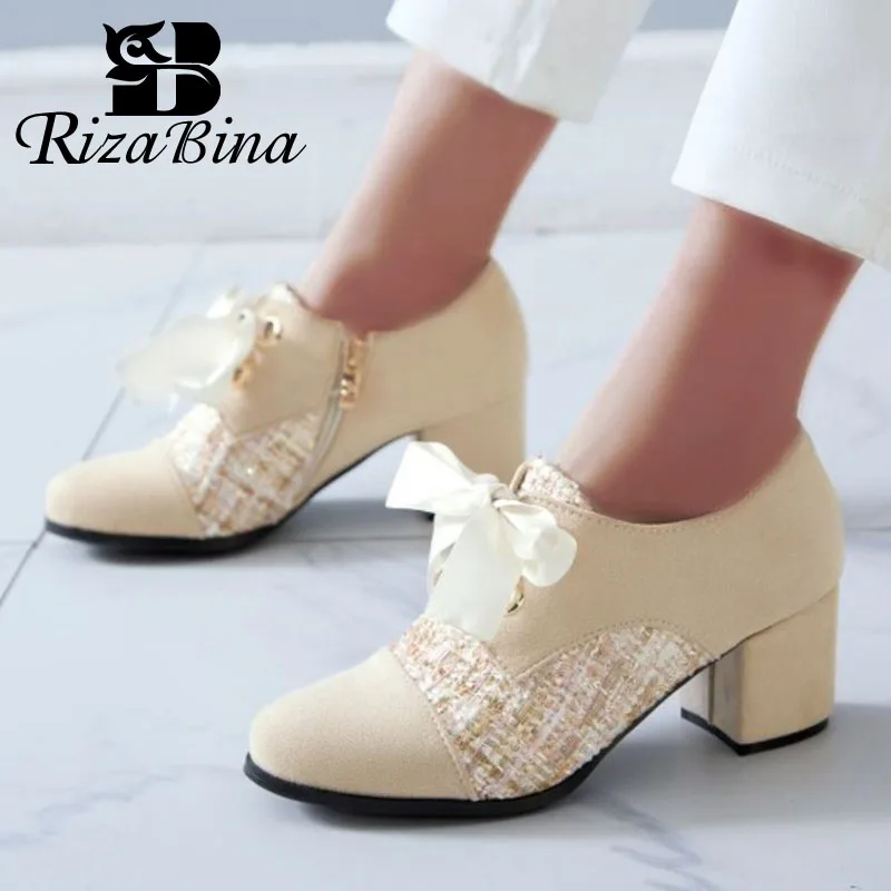 

RIZABINA 2020 Plus Size 32-52 Women Pumps Flock Round Toe Lace Up Spring Summer Single Shoes Fashion Dress Shoes Women Black