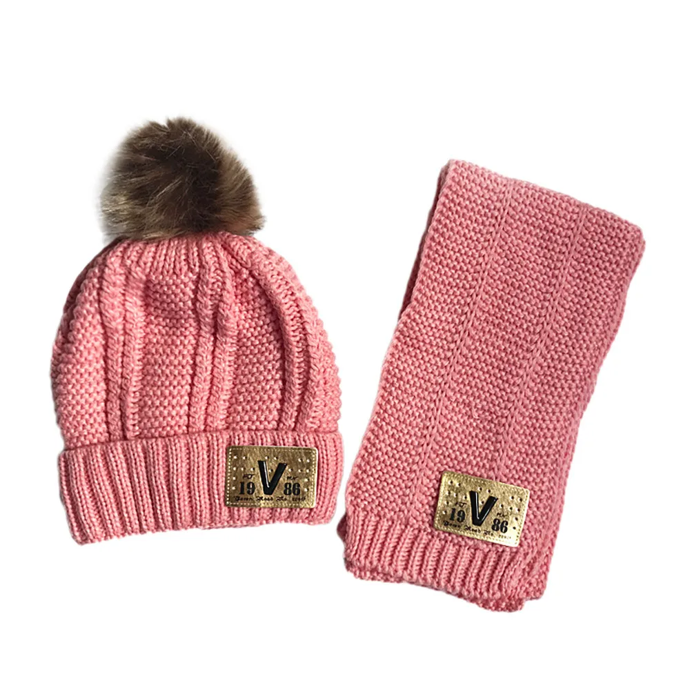 Pink Шапки telotuny, детские шапки из акриловых волокон с помпонами для детей 2-7 лет, милый теплый комплект из 2 предметов для малышей, милая шапка, шарф - Цвет: Pink