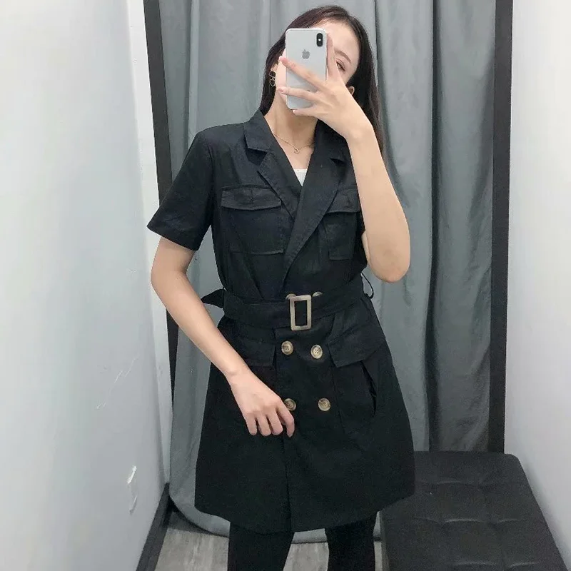 Heydress длинные блейзеры с коротким рукавом винтажные двубортные женские свободные Клубные пиджаки с поясом повседневные офисные карманы Верхняя одежда