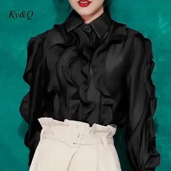 

High Quality Women Fashion Lapel Blouse Ruffles Patchwork Lace Shirt Tide 2019 Autumn Winter Luxury Brand Design Tops Clothes