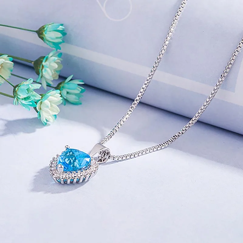 JoiasHome корейское ожерелье из стерлингового серебра 925 пробы для женщин, аквамарин, кулон в виде сердца с 40 см, ожерелье, модные ювелирные изделия