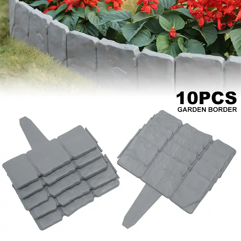 20Pcs Grey Garden Fence Edging Cobbled Stone Effect Plastic Lawn Edging