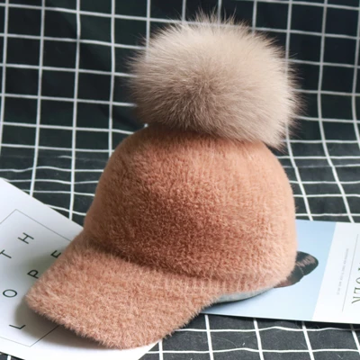Khaki Зимние женские винтажные норковые кашемировые бейсболки, плотные теплые однотонные лыжные бейсболка для девочки с помпоном из натурального Лисьего меха - Цвет: Khaki