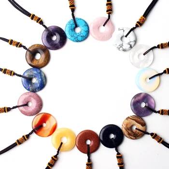 

1Pc Crystal Amethyst Peace O Shaped Pendant With Rope Jewelry Fluorite Gemstone Chinese Style Tiger eye Reiki Healing Stone