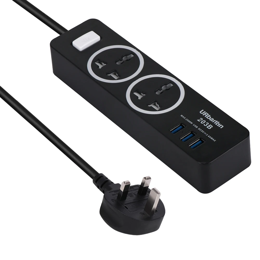 Urbantin 2AC& 3 USB общий переключатель сетевой шнур USB розетка Смарт гнездо для шнура удлинителя Универсальная Розетка с вилкой Великобритании - Цвет: Black