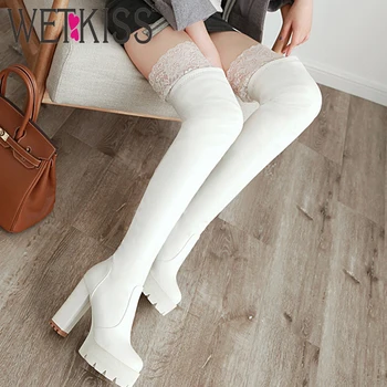 

WETKISS Thigh High Boots Women Platform Boot Female High Heels Thick Shoes Ladies Round Toe Pu Lace Shoes Winter Plus Size 48