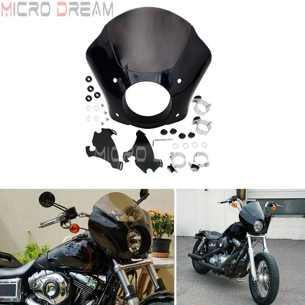 Smoke Windshield Gauntlet Headlight for Harley Sportster XL Dyna Street Bob FXD FLD Headlamp Fairing Mounting Clamp Bracket Kits |