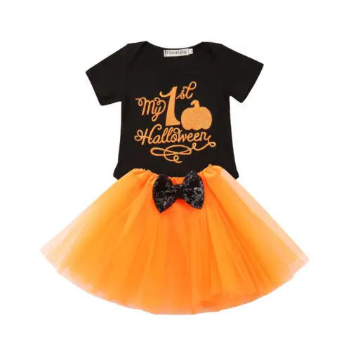 Черный Girls Clothing Set Halloween Toddler Kids Baby Girls Outfits Clothes T-shirt Tops+ Tutu Dress Skirt 2Pcs Set - Цвет: Черный
