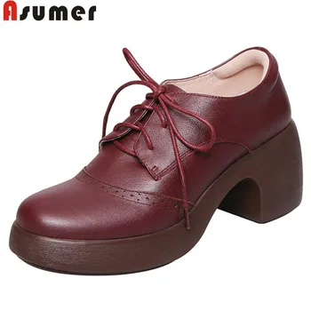 

ASUMER size 34-40 fashion genuine leather shoes women round toe lace up ladies shoes square high heels prom wedding shoes women