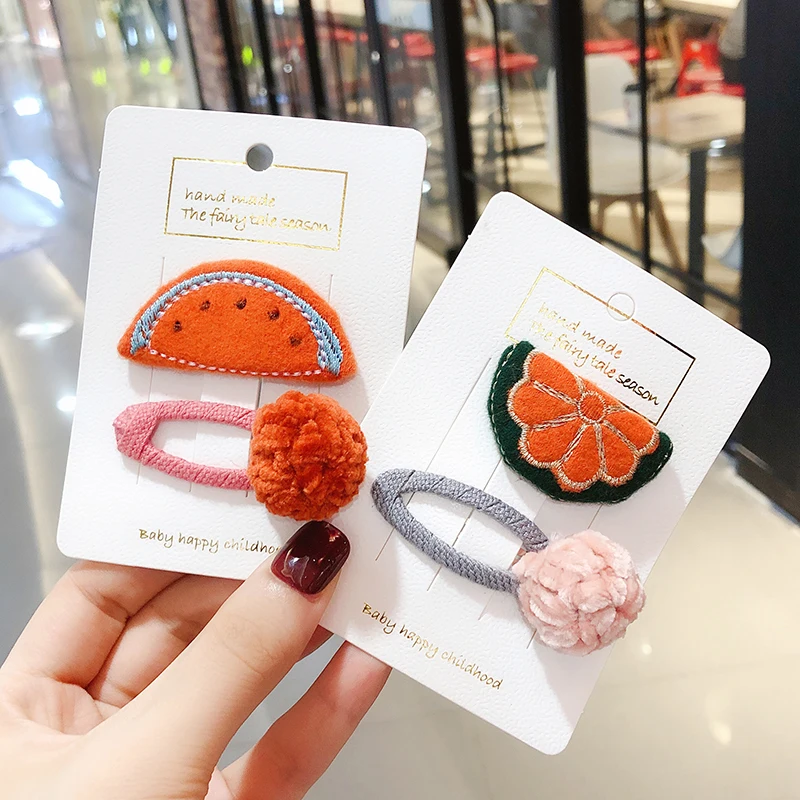 2Pcs/Set Girls Cute Fruit Hairball Hollow Plush Hair Clips Children Soft Fabric Hairpins Barretters Sweet Kids Hair Accessories