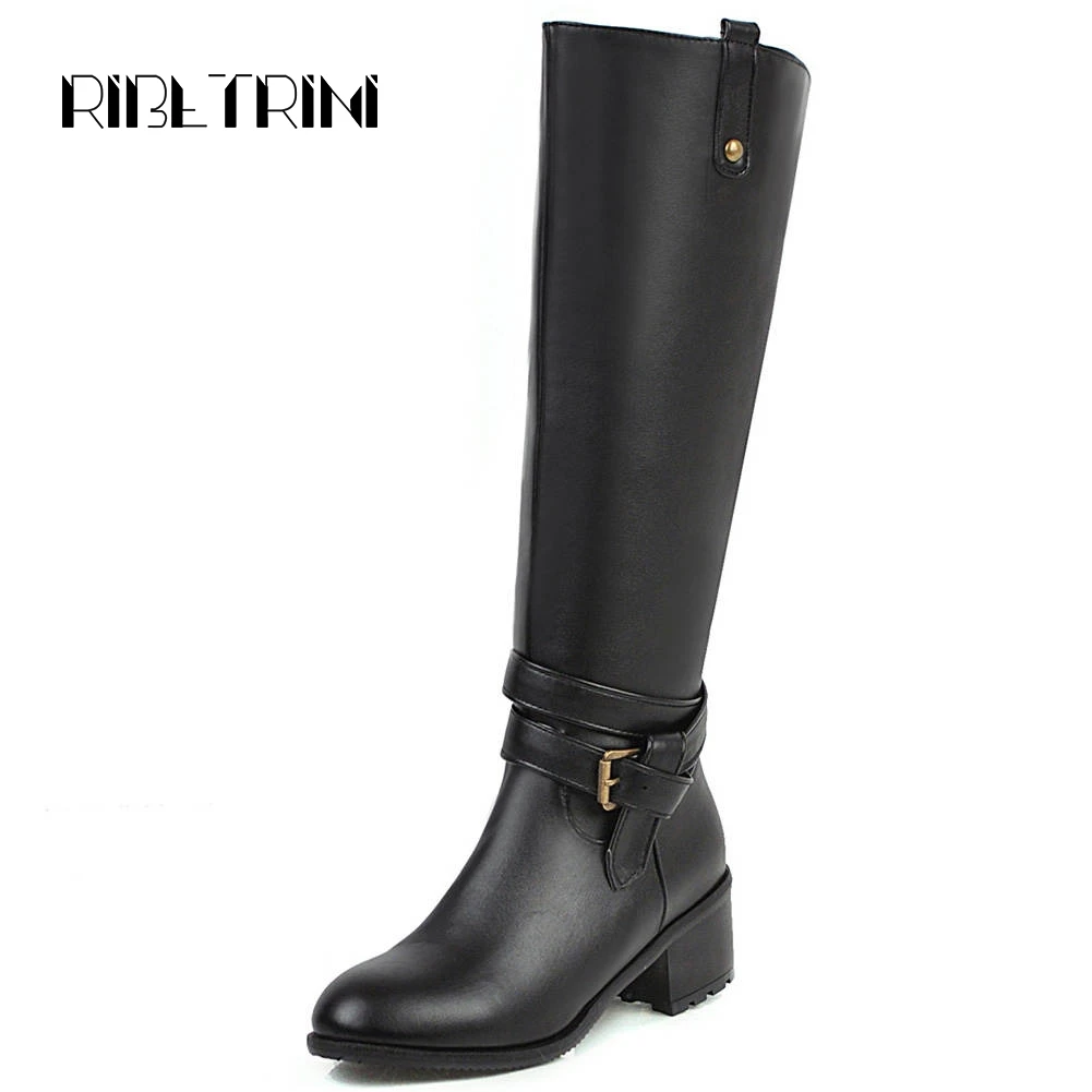 

RIBETRINI Women Knee Boots Vintage Rubber Sole Chunky Heels Autumn Shoes Woman Belt Strap Riding Motorcycle Boots Big Size 34-43