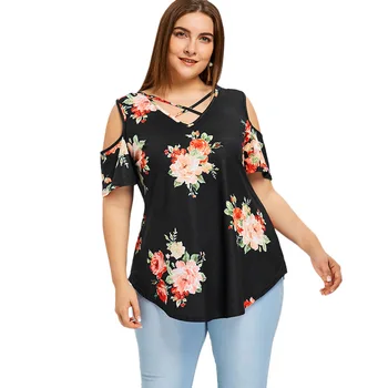 

Plus Size Top Cross Rope Off Shoulder Short Sleeved Printed Women's T Shirt 2020 Summer New European And American T Shirt