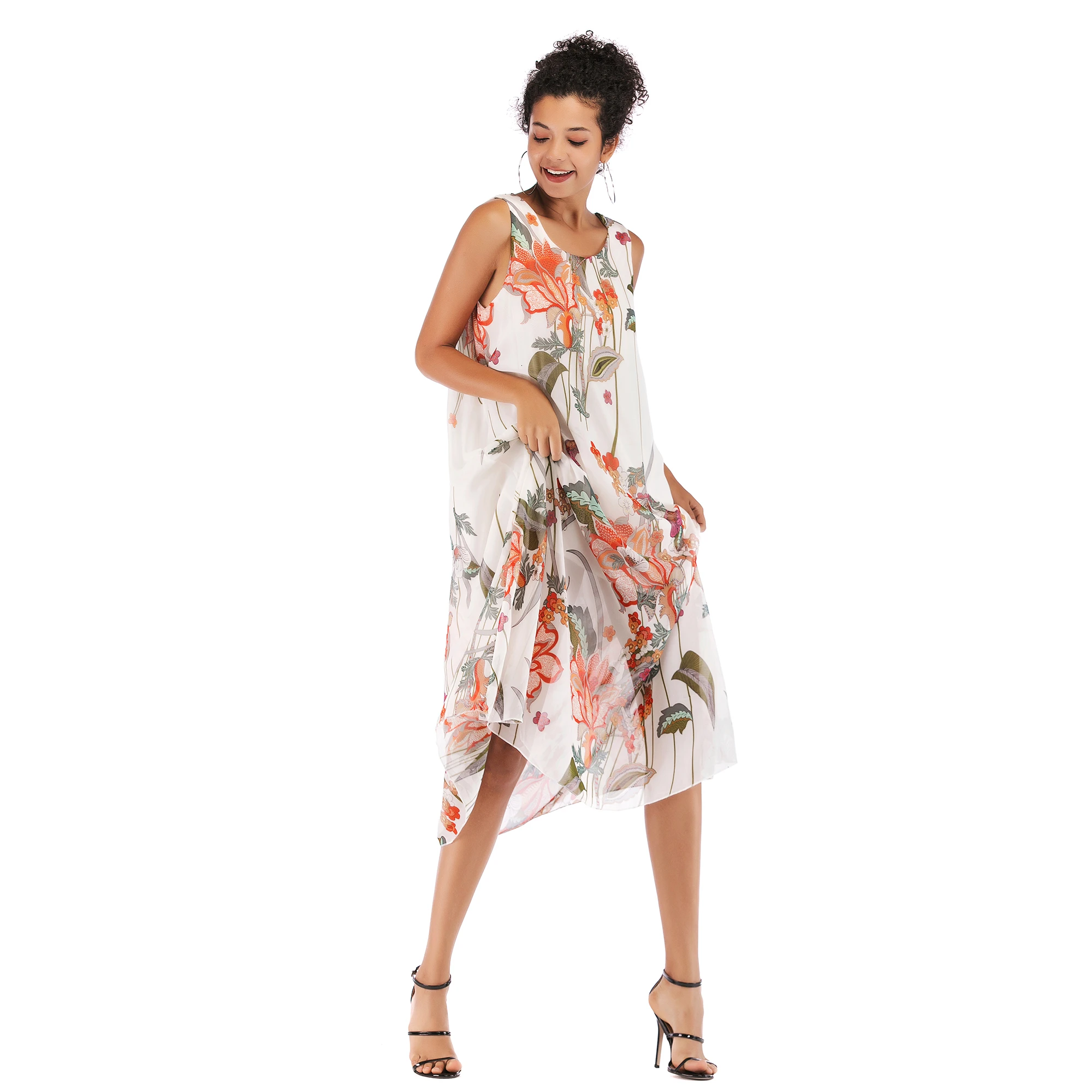 Белое шифоновое платье миди 2019 летние платья Boho Стиль без рукавов Цветочный