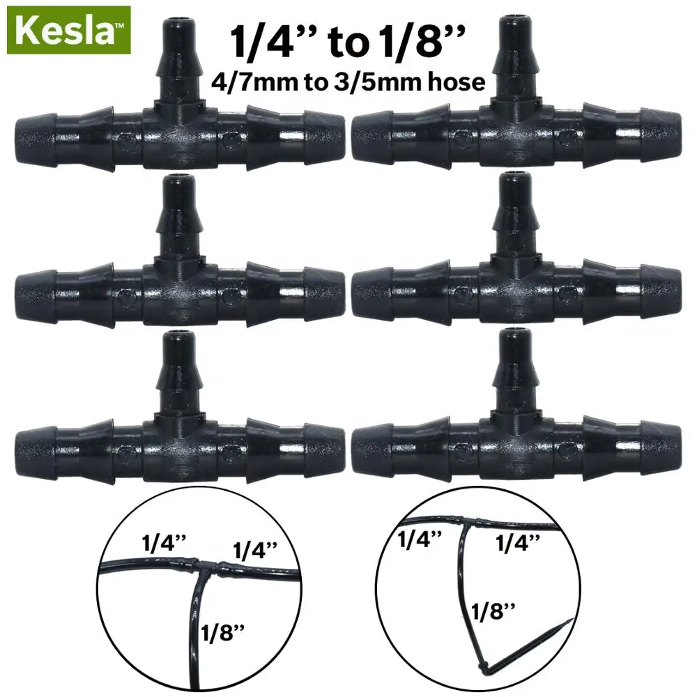 

KESLA 50PCS Drip Irrigation 1/4 to 1/8 Inch Barbed Tee Connector Adapter for 4/7mm to 3/5mm Hose Water Pipe Repair Garden Tool