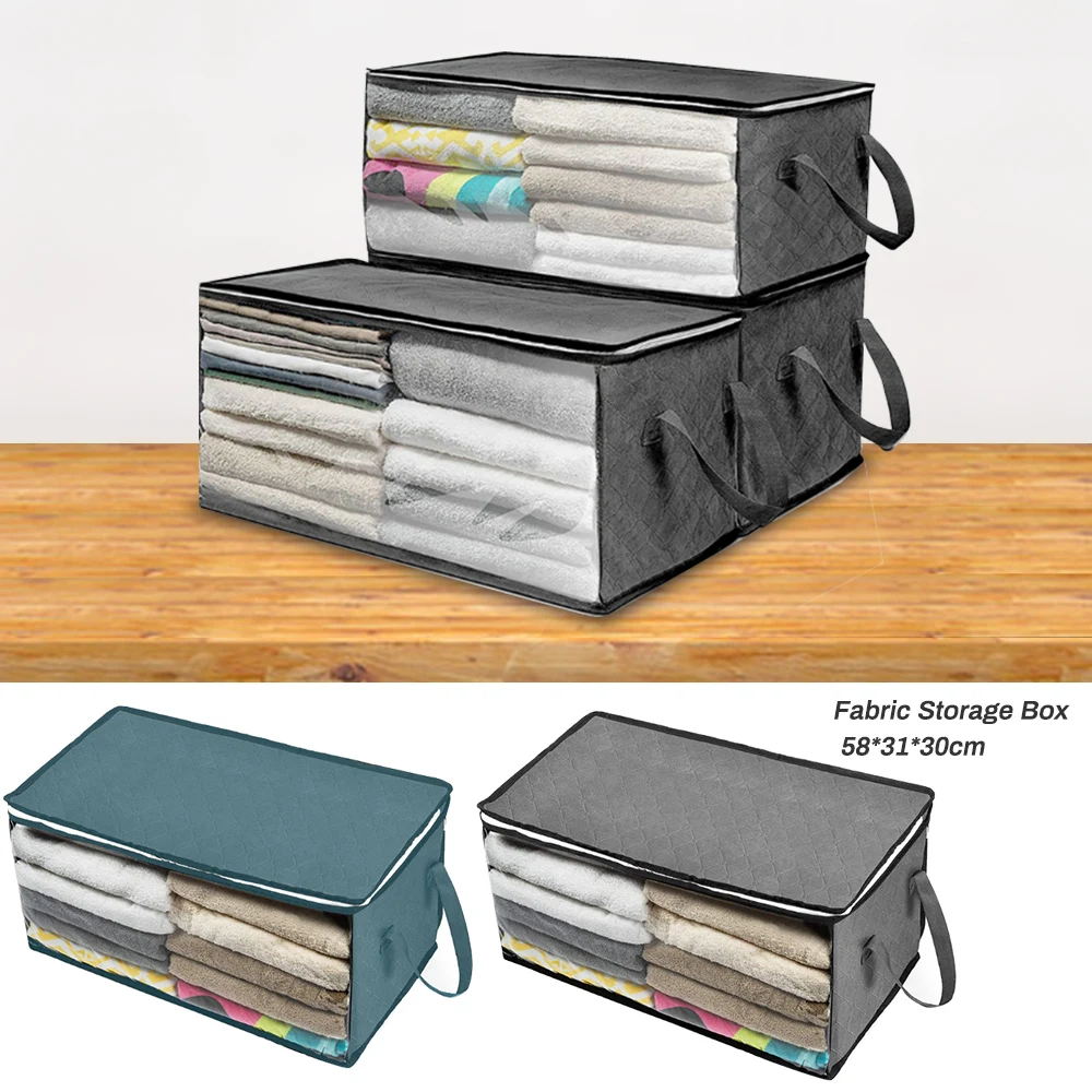 

Folding Non Woven Fabric Storage Box Zippered Quilt Clothes Blanket Storage Box Clear Window Organizer With Handles 1/3pcs