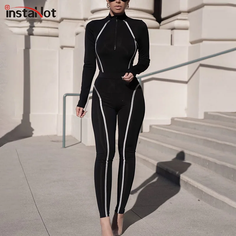 

InstaHot striped side two piece tracksuit set black casual fitness legging and zipper up crop tops biker high street 2 piece set