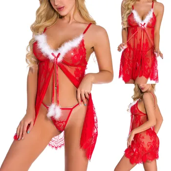 

Sexy Sleepwear 2021 Pijama Mujer Ladies Red Sexy Lace Printed Bandage Halter Christmas Underwear Set Pyjama Femme пижама женская
