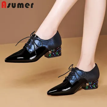 

ASUMER 2020 new arrive patent leather women pumps pointed toe lace up crystal square heel comfortable casual shoes ladies