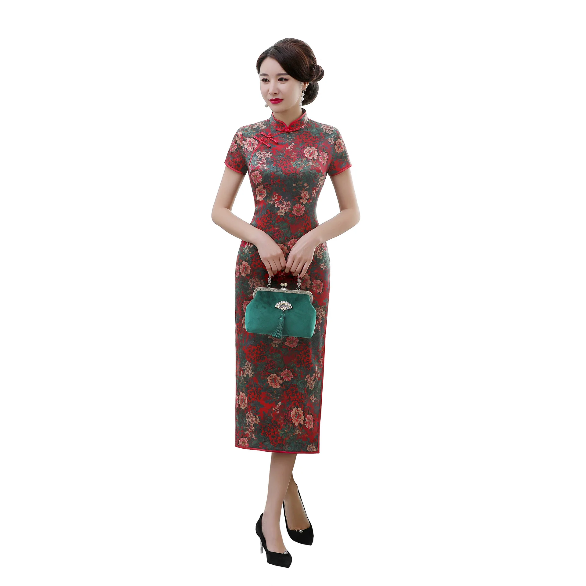 Новое шелковое осеннее платье cheongsam 2009, модное классическое платье cheongsam с раздробленной нитью, красная юбка с большим цветком