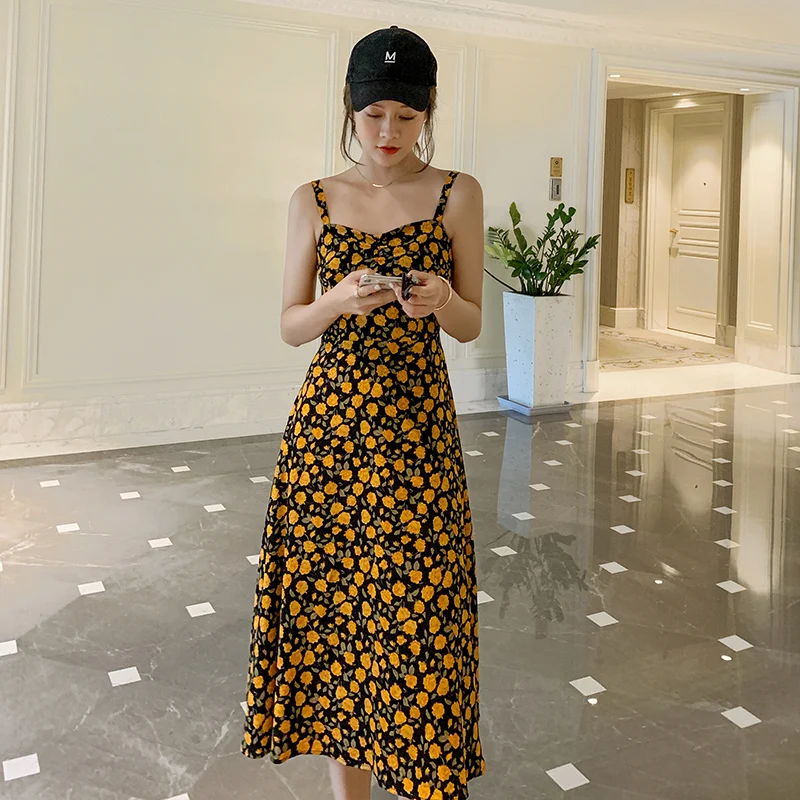 

Women Midi Chiffon Floral Sundress Summer 2020 Runway Korean Casual Party Dress Boho Tropical Backless Beach Vacation Slip Dress