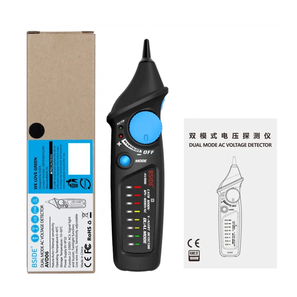 

BSIDE AVD06 Non-contact Voltage Detector AC 12-1000V Test Pen Tester Power Socket Live Wire Check Dual Mode with 8LED Light