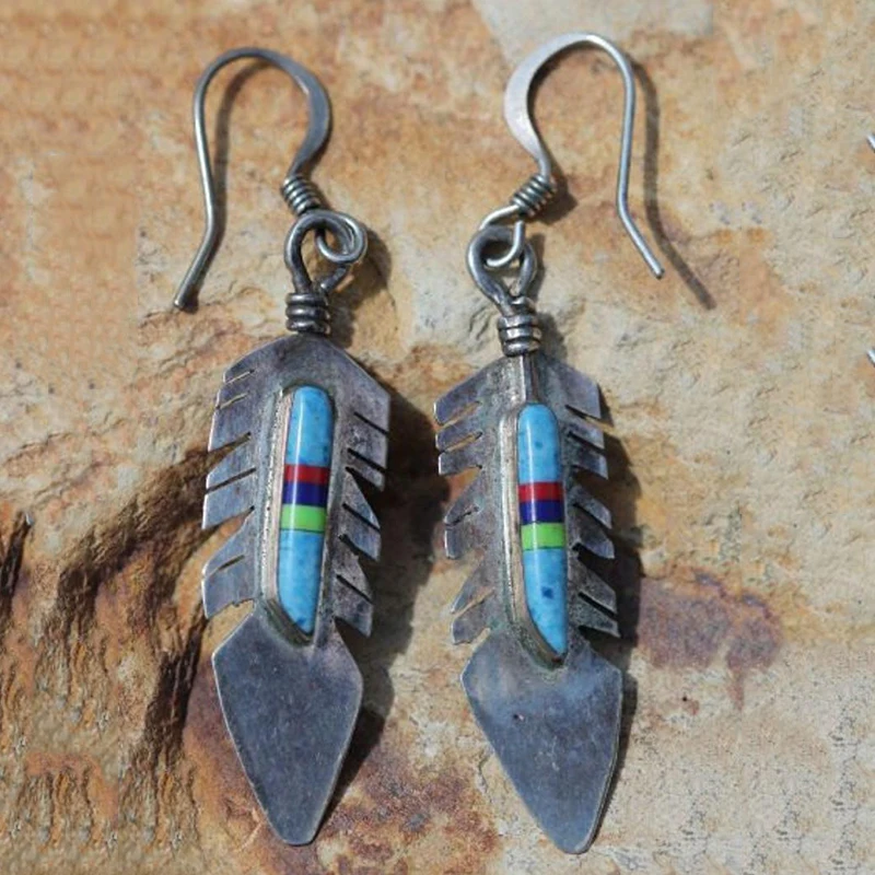 

Vintage Earrings Ethnic Jewelry Navajo Style Red Blue Stone Metal Feather Dangle Earrings For Women Pendientes Mujer Z4D372