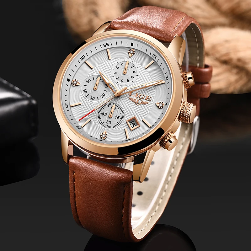 2020 LIGE Mens Watches Top Brand Luxury Leather Chronograph Male Waterproof Sport Date Quartz Watch Men Gift Relogio Masculino