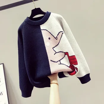

Women's’ Cartoon Embroidery Harajuku Cute Knitted Sweaters 2020 Winter Thick Warm Jacquard Sweater Knit Pullovers Elephant