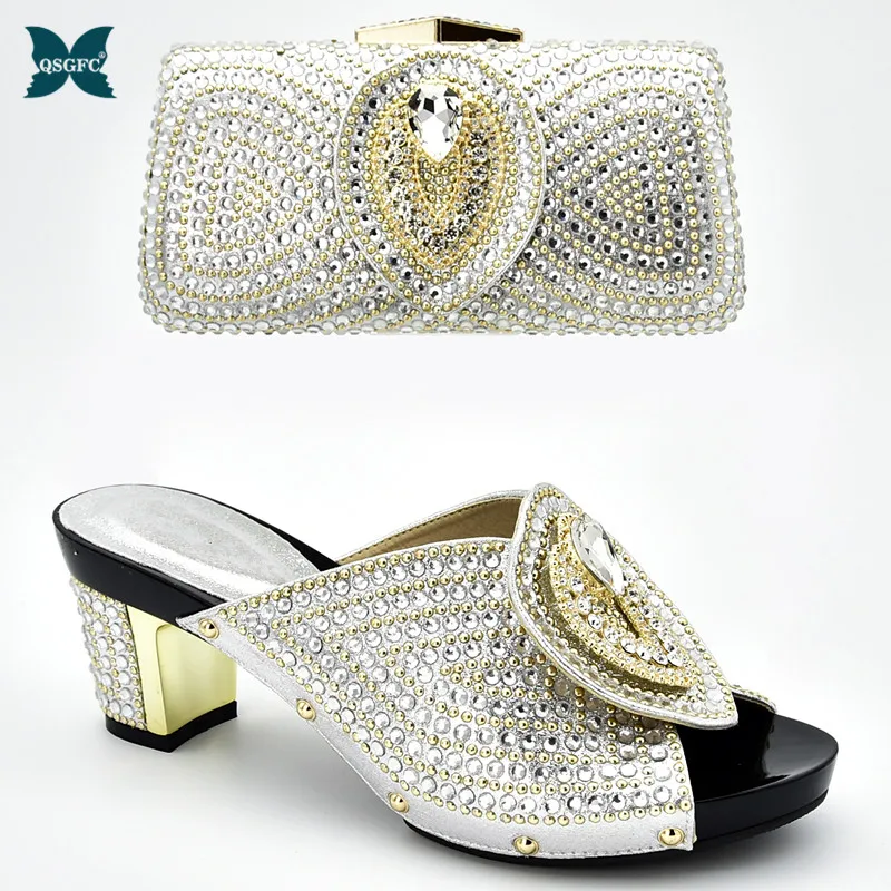 

African shoe and bag set high heel Italian design shoe with matching bag Hot selling ladies matching shoe and bag in Silver