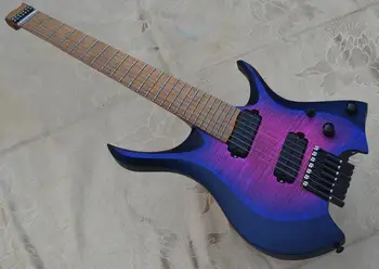 

2020 New Fanned frets 7 Strings Headless Electric Guitar Blue color 5-ply Roasted Maple Neck Ergonomic asymmetric neck