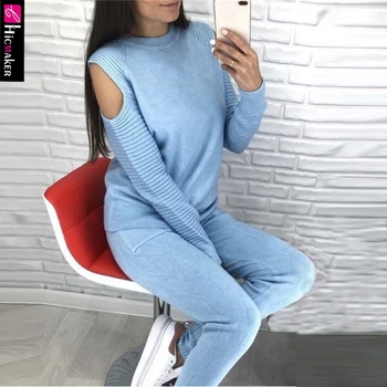 

Women Two Piece Outfits Pullover Cold Shoulder Knitted Sweater & High Waist Bodycon Pants Soft Chic Spring Fall Club Outfits