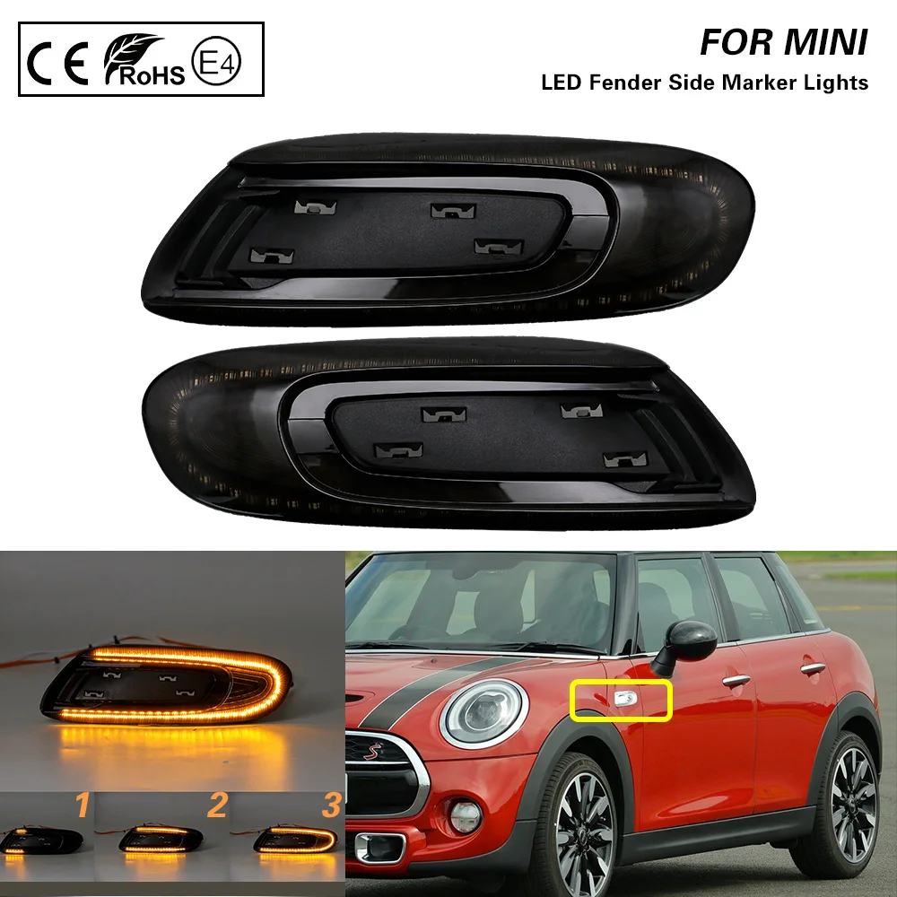 2 led dinâmicos para fender, luz marcador de luz lateral, lâmpada âmbar, lente de fumaça, para mini cooper f55 f56 f57