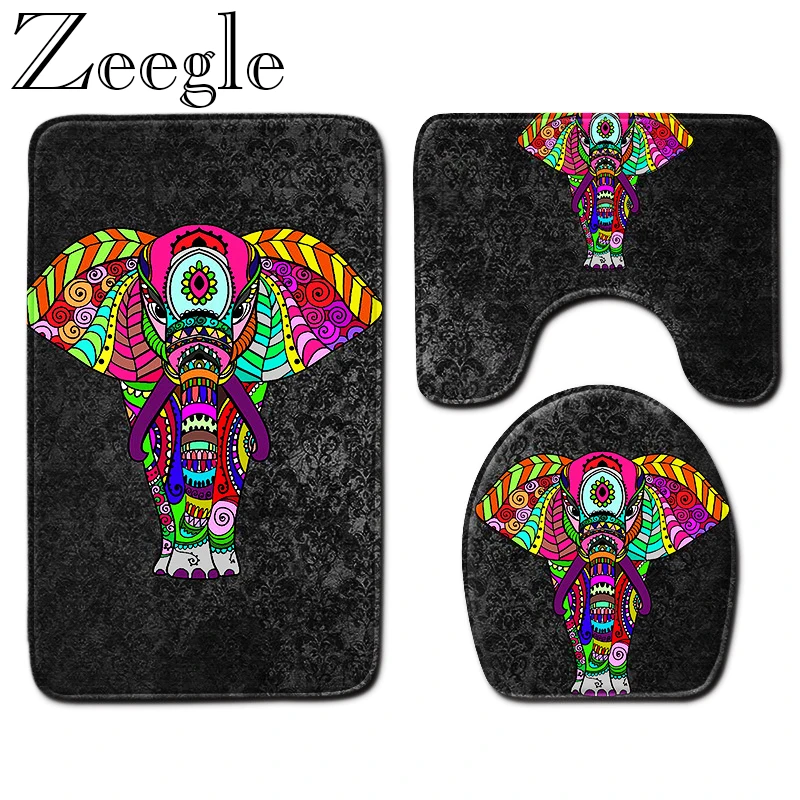 Bath Mat Elephant Pattern Bathroom Mat Set Microfiber Toilet Cover Seat Mat Absorbent Toilet Pedestal Rug Anti-slip Bathroom Rug