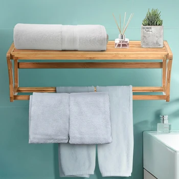 

Bamboo Towel Bar Wall Mounted Storage Towel Rack Bathroom Shelf Water Proof 100 % Bamboo Large Upper Storage Space Storage Rack