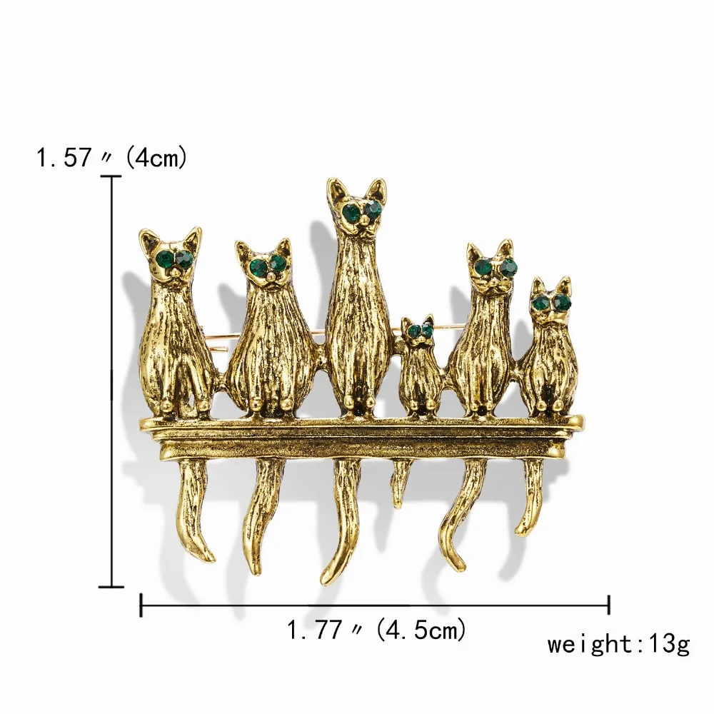 6 зеленых глаз кошка стоящая в ряд Роза древнее золото милые животные семья Брошь для женщин и мужчин одежда клипсы брошь