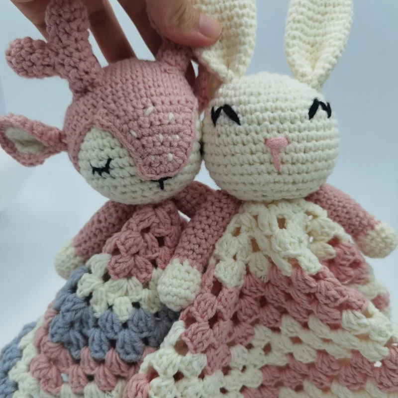 Crochet Elk Deer  Rabbite Toy Set Comfort towel Baby Rattle Biting Ring Handmade Baby Teething Ring Stuffed Plush Toys Gifts 4