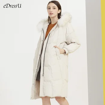 

2021 Women Down-Jacket High Quality Long Winter Jacket Fur Hooded White Goose Down Coat Black Beige Loose Casual Outwear HC-T258