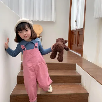 

5187 Children Overalls Baby Suspender Pants Solid Baby Boy Overalls with Pocket 3 Colors Girls Cute Overalls Pants For Kids