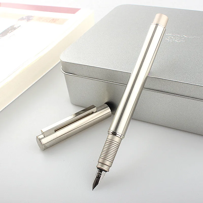 HongDian Metal Stainless Steel Fountain Pen Fine Nib 0.4mm Matte Silver Excellent Writing Gift Ink Pen for Business Office Home