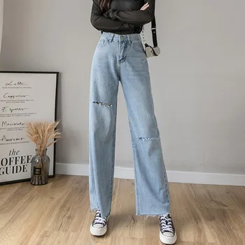 

Woman Jeans High Waist Ripped Jeans 2020 Spring Summer For Clothes Wide Leg Denim Clothing Blue Streetwear Fashion Vintage Pants